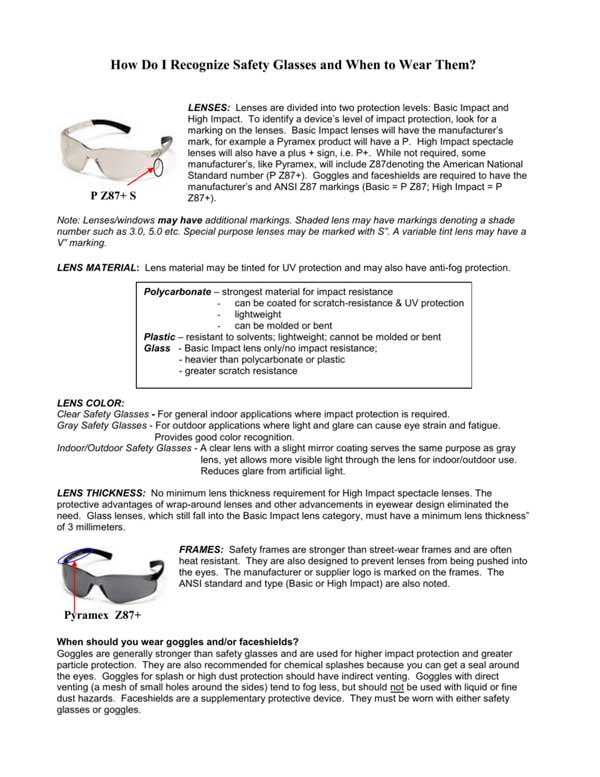 when to wear safety glasses and what z87 markings mean